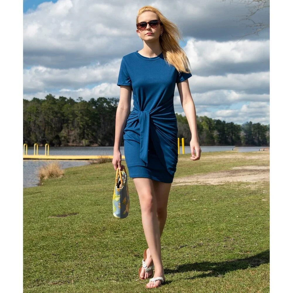 BTFBM Women 2025 Spring Casual Short Sleeve Ruched Bodycon Tank T Shirt Dress- - Picture 6 of 8
